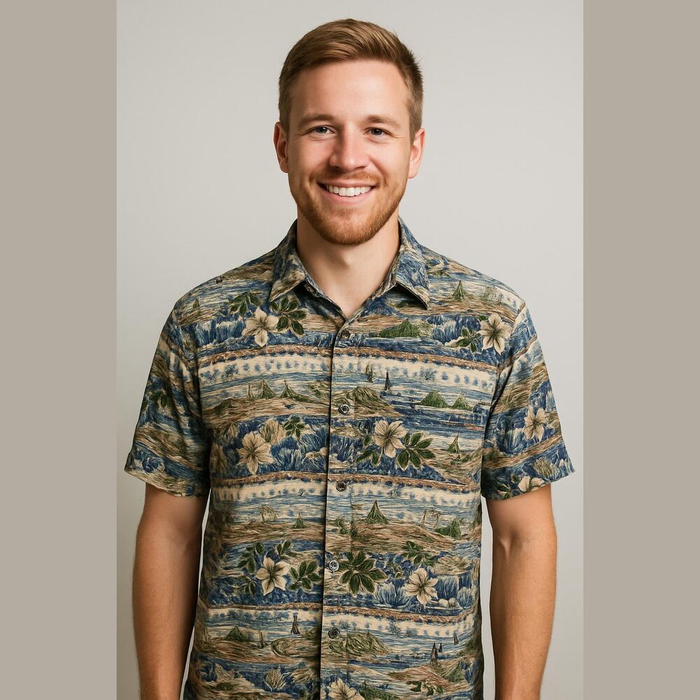 Vintage Pierre Cardin Blue Gray Hawaiian Button Down Short Sleeve Shirt M